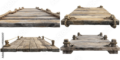 Wooden pier with wooden planks and ropes isolated on white background Planks Concept
