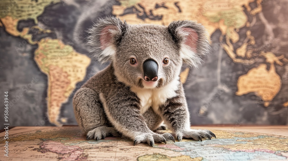 Obraz premium A baby koala sits comfortably on a world map, displaying its playful nature while engaging with the colorful representation of our planet. The setting evokes a sense of adventure