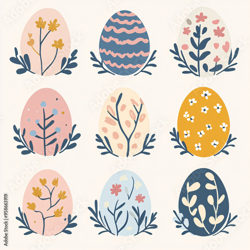 Abstract pastel Easter egg patterns with floral accents.