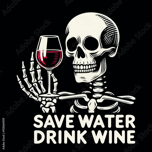 Funny Vector T-shirt Streetwear design a Skeleton with a glass of wine