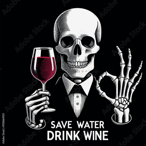 Funny Vector T-shirt Streetwear design a Skeleton with a glass of wine