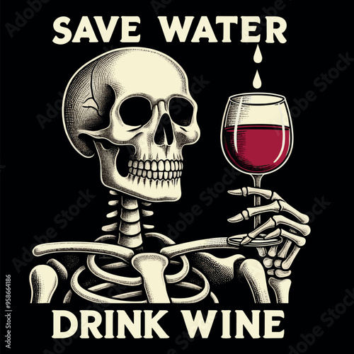 Funny Vector T-shirt Streetwear design a Skeleton with a glass of wine