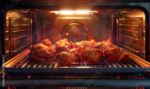  close-up shot of crispy fried chicken cooking inside an oven with bright red heat elements, representing delicious home-cooked meals and culinary preparation. Perfect for food-related photo