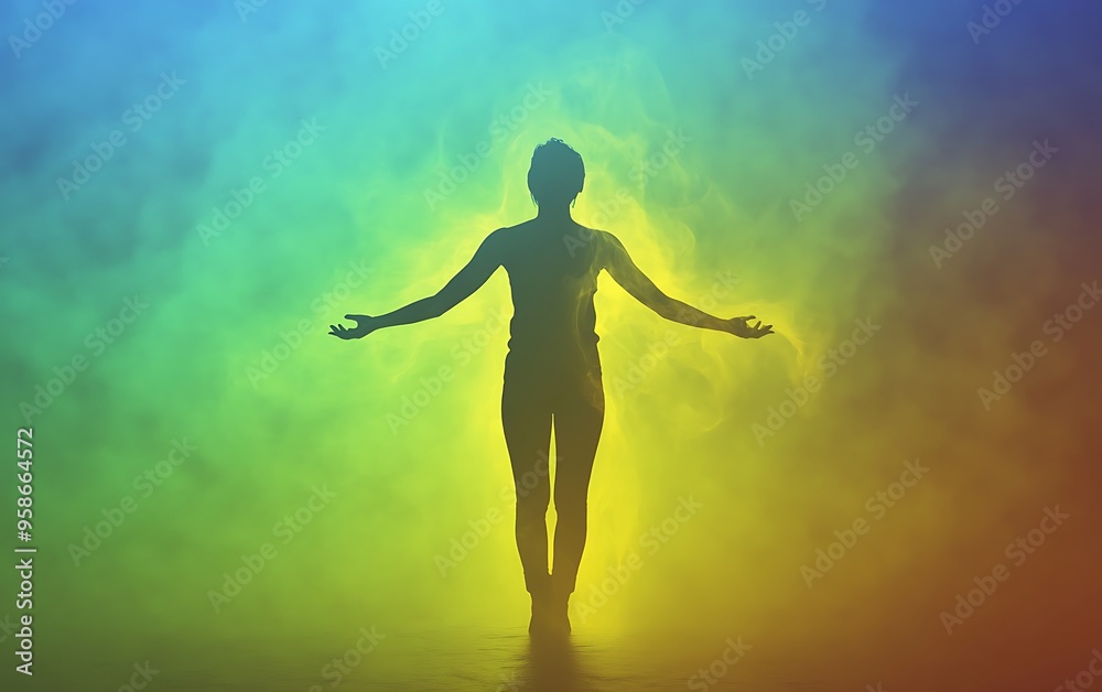 Naklejka premium Silhouette of a Person with Glowing Aura Representing Holistic Health and Wellbeing, Set Against a Green to Blue Gradient Background