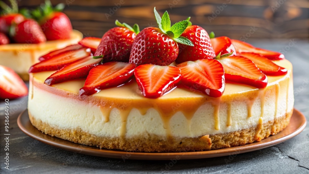 treat, sweet, appetizing, bakery, enticing, confectionery, dessert, mouthwatering, food, food photography, Tasty cheesecake with strawberries and vanilla glaze shot in extreme close up treat, sweet, appetizing, bakery, enticing, confectionery, dessert, mouthwatering, food, food photography, Tasty cheesecake with strawberries and vanilla glaze shot in extreme close up