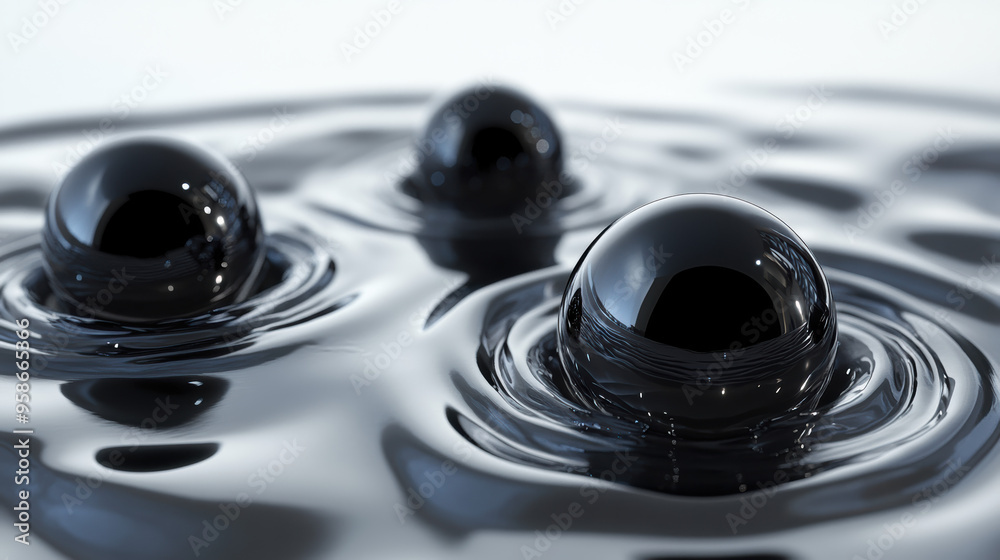 Macro shot of three black liquid spheres floating on a smooth, reflective surface, creating an abstract and futuristic visual effect. Macro shot of three black liquid spheres floating on a smooth, reflective surface, creating an abstract and futuristic visual effect.