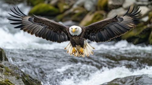 Majestic Bald Eagle Soaring Over a River photo