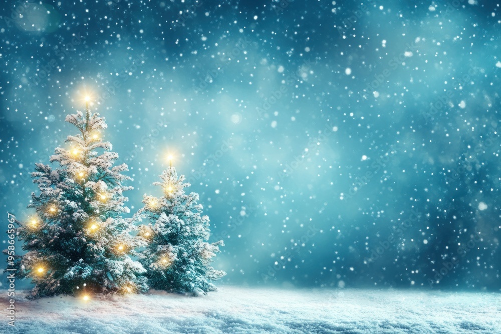 Snowy Christmas Trees with Lights Against a Blue Sky Snowy Christmas Trees with Lights Against a Blue Sky