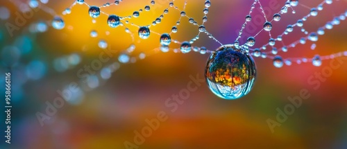 A water drop on a spiderweb, reflecting the surrounding environment in stunning clarity and detail photo