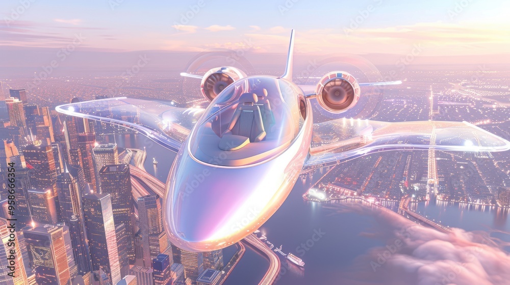 A sleek, futuristic aircraft flying over a modern cityscape at sunset with glowing engines. A sleek, futuristic aircraft flying over a modern cityscape at sunset with glowing engines.
