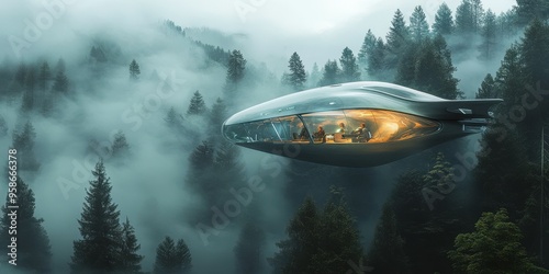 A futuristic spacecraft hovering over a misty forest, featuring a sleek, reflective glass exterior with warm interior lighting, blending nature and technology photo