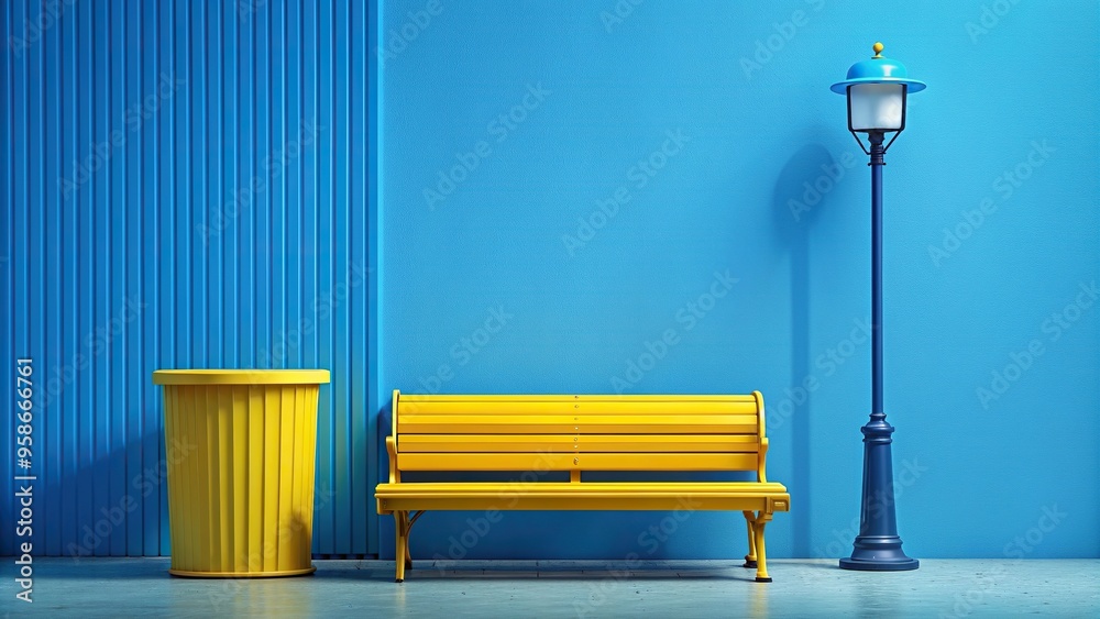 Obraz premium street lamp, vibrant, studio, urban, lighting, modern, design,yellow, A medium shot of a yellow bench with a street lamp and a bin against a vibrant blue studio background