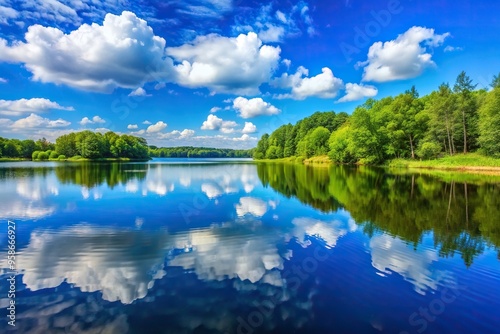 peaceful, bird's eye view, blue, nature, summer, beauty, sky, idyllic, scenic, serene, horizontal, water,lake, A tranquil lake reflecting the vibrant blue sky during summertime