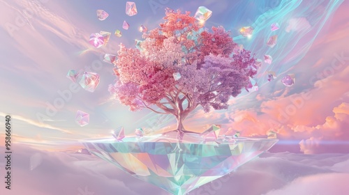 Enchanting fantasy landscape with a floating tree island, surrounded by crystal elements and vibrant clouds photo