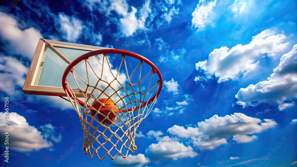 A close up of a basketball street ball hoop against a vibrant blue sky background, blue sky, street ball,basketball, hoop, vibrant A close up of a basketball street ball hoop against a vibrant blue sky background, blue sky, street ball,basketball, hoop, vibrant