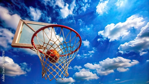 A close up of a basketball street ball hoop against a vibrant blue sky background, blue sky, street ball,basketball, hoop, vibrant