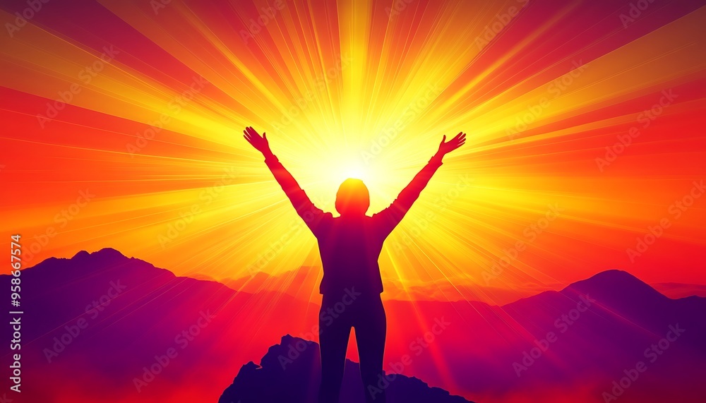Silhouette of a Person with Arms Raised in Victory and Glowing Rays of Light Symbolizing Overcoming Challenges and Achieving Health Goals Silhouette of a Person with Arms Raised in Victory and Glowing Rays of Light Symbolizing Overcoming Challenges and Achieving Health Goals