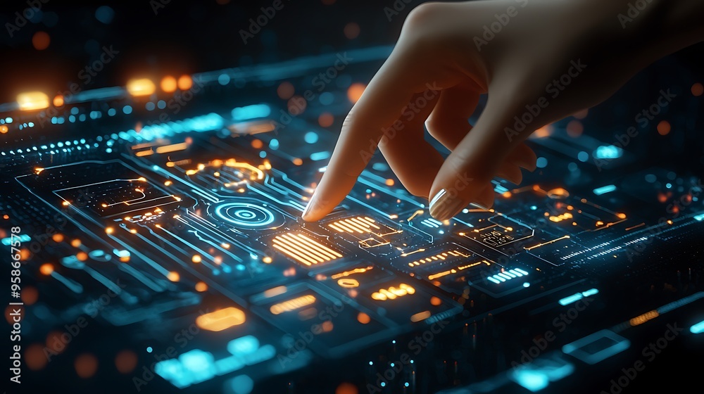 A futuristic interface with glowing circuit patterns, a hand reaching toward innovation. A futuristic interface with glowing circuit patterns, a hand reaching toward innovation.