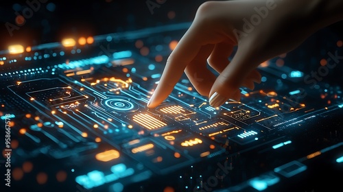 A futuristic interface with glowing circuit patterns, a hand reaching toward innovation.
