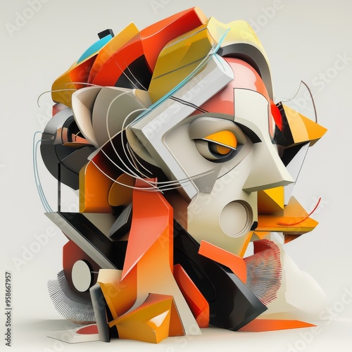 Cubist artwork, fragmented shapes and forms, 3D illustration