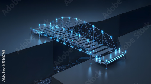 Change Management: A digital bridge being constructed over a gap, symbolizing the transition and adaptation in organizational change management.