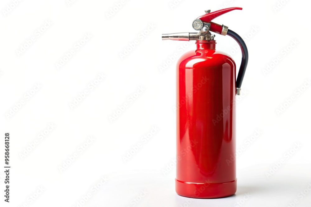 Red fire extinguisher isolated on a white background in macro view, firefighting tool, isolated, cylinder, pressure, firefighting equipment, emergency preparedness., canister