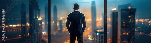 A businessman gazes at a vibrant city skyline, reflecting ambition and inspiration amid a modern urban environment.