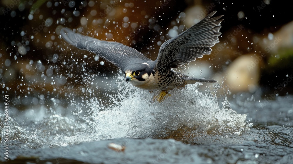 Obraz premium Peregrine Falcon in Flight Over Water