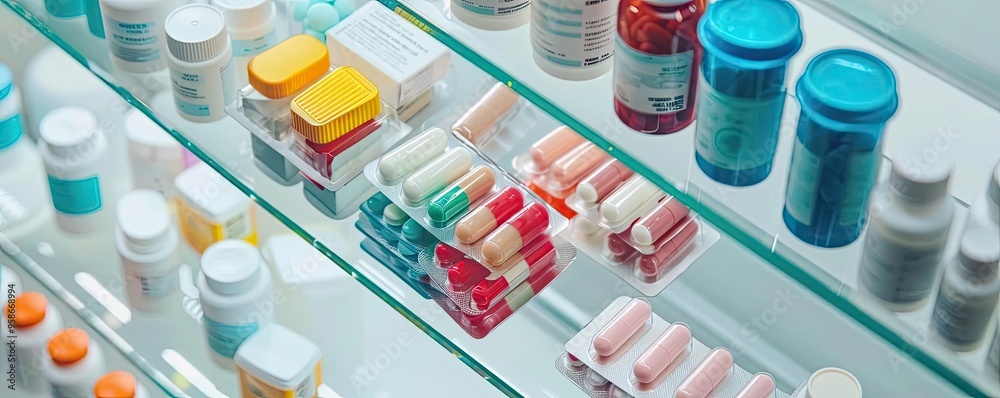 An organized shelf displaying various medicine bottles and pills in a pharmacy setting, showcasing a wide range of pharmaceutical products. An organized shelf displaying various medicine bottles and pills in a pharmacy setting, showcasing a wide range of pharmaceutical products.
