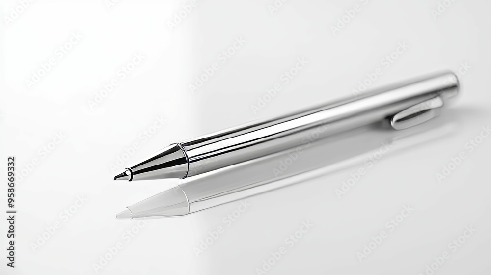 A Shiny Silver Pen with a Reflection on a White Surface A Shiny Silver Pen with a Reflection on a White Surface