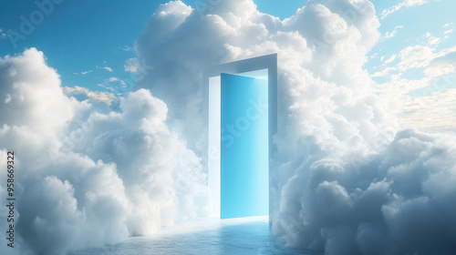 Open door in the clouds leading to the clear blue sky, symbolizing hope, opportunity, and new beginnings.