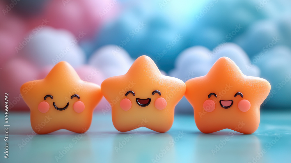 Fototapeta premium Three cute star-shaped toys with smiling faces, set against pastel-colored clouds, bringing joy and warmth in a whimsical setting.
