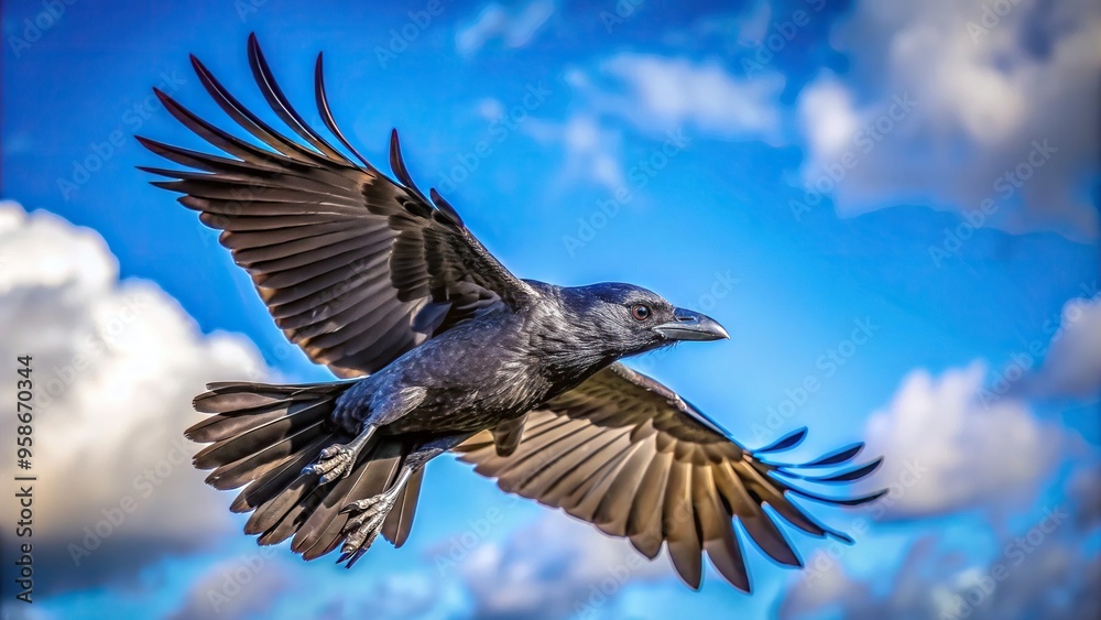 Obraz premium wings, freedom, bird in flight, isolated, close-up, bird, blue sky, flying sequence, graceful, crow, aerial, Close Up of an isolated crow flying gracefully against a vibrant blue sky