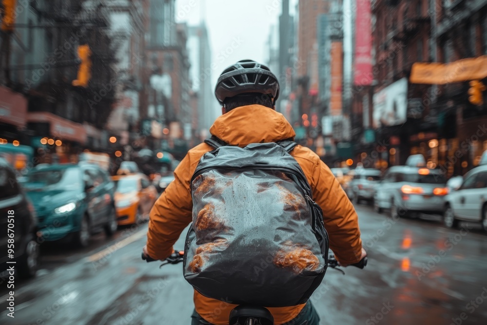 A cyclist wearing a backpack and helmet navigates through a bustling city street, surrounded by cars and high-rise buildings on a rainy day, showcasing urban life dynamics.