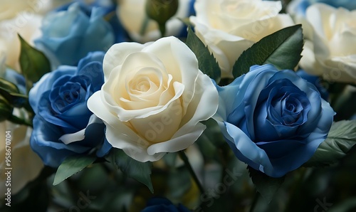 Close-up of a White and Blue Rose Bouquet