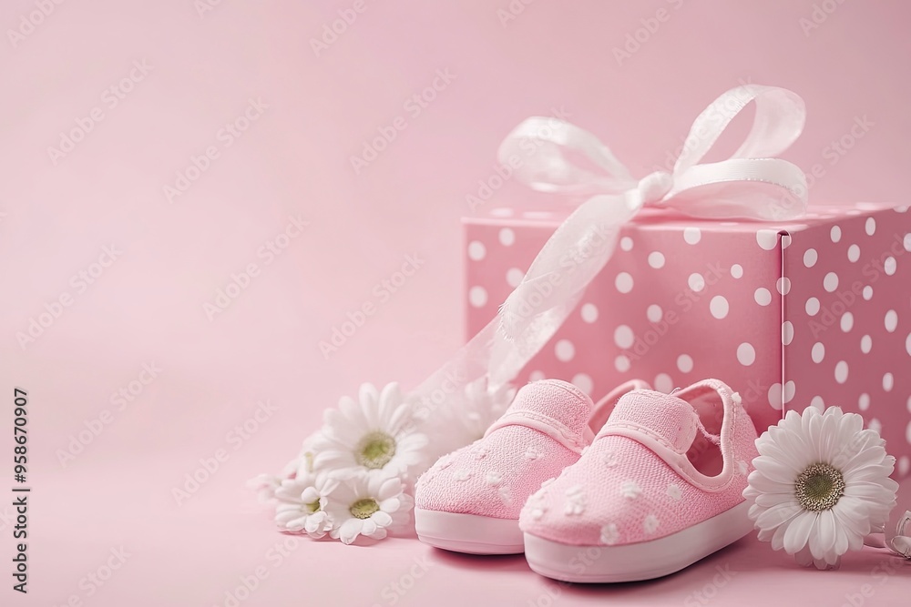 Baby girl shoes and a pink gift box with polka dots on a colored background, copy space for text. Stock photo contest winner, minimalism, pink pastel colors. Generative Ai Baby girl shoes and a pink gift box with polka dots on a colored background, copy space for text. Stock photo contest winner, minimalism, pink pastel colors. Generative Ai