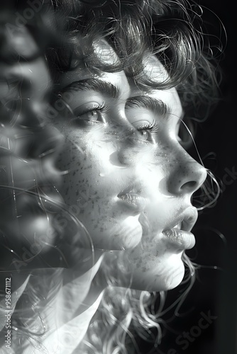 A creative black-and-white portrait of a woman with a surreal multiple exposure effect. Ideal for conceptual art, psychology themes, and emotional storytelling in photography.