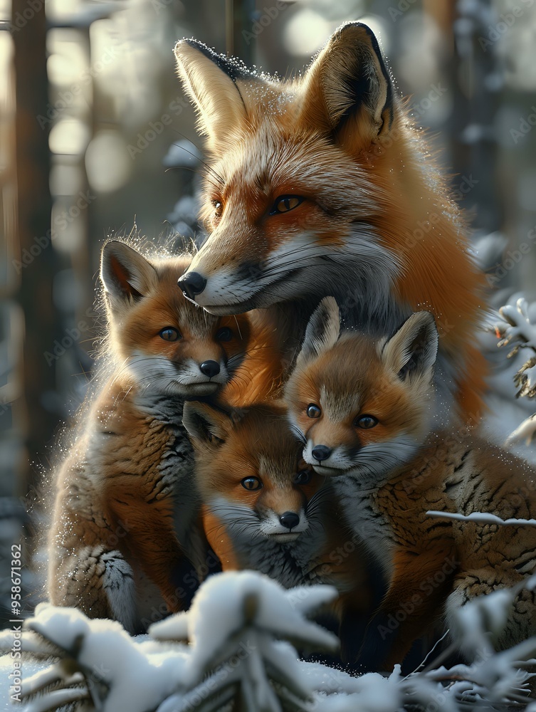 Fototapeta premium heartwarming scene of a red fox with its three adorable cubs nestled together in a snow-covered forest. The family exudes warmth, surrounded by winter foliage, symbolizing protection, nature