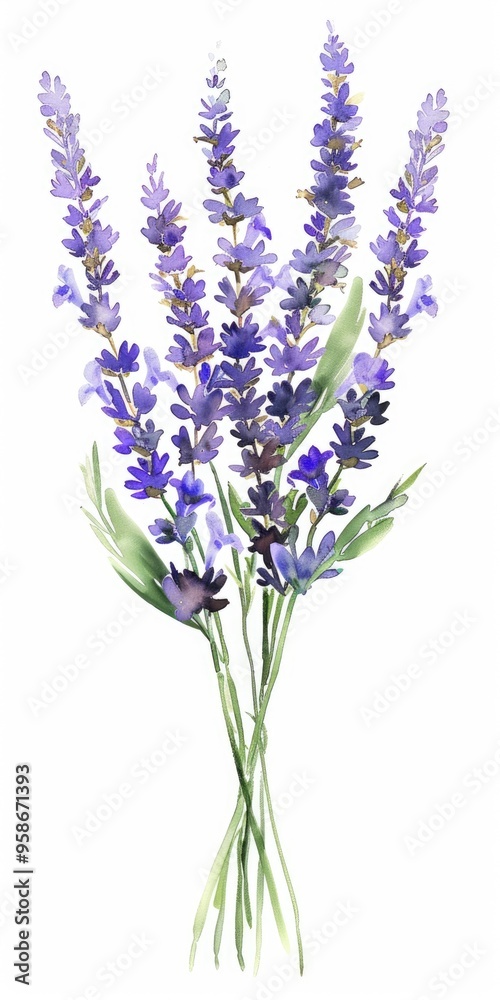Naklejka premium Delicate Lavender Bouquet in Watercolor Style. Botanical Illustration of Purple Flowers on White Background