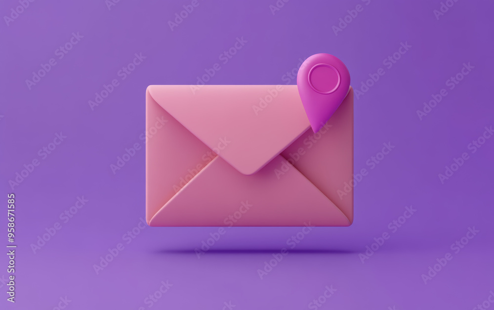 A colorful illustration of a pink envelope with a location pin icon, set against a vibrant purple background, symbolizing digital communication. A colorful illustration of a pink envelope with a location pin icon, set against a vibrant purple background, symbolizing digital communication.