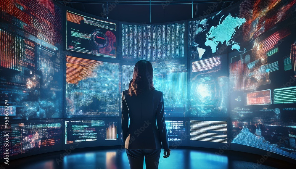 a woman standing in front of a large wall filled with digital screens, interacting with one of the screens, displaying technology, data, and visual information, creating a futuristic and professional a woman standing in front of a large wall filled with digital screens, interacting with one of the screens, displaying technology, data, and visual information, creating a futuristic and professional