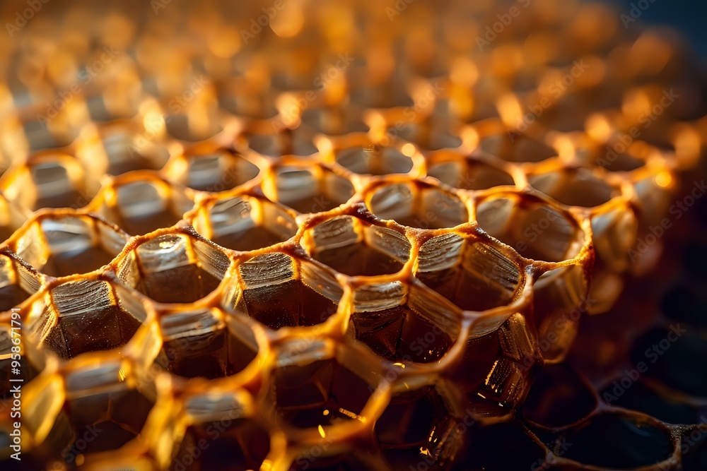 A golden honeycomb illuminated with warm, glowing light, creating a mesmerizing bokeh effect. Ideal for concepts like nature, beekeeping, organic honey production, and environmental themes. A golden honeycomb illuminated with warm, glowing light, creating a mesmerizing bokeh effect. Ideal for concepts like nature, beekeeping, organic honey production, and environmental themes.