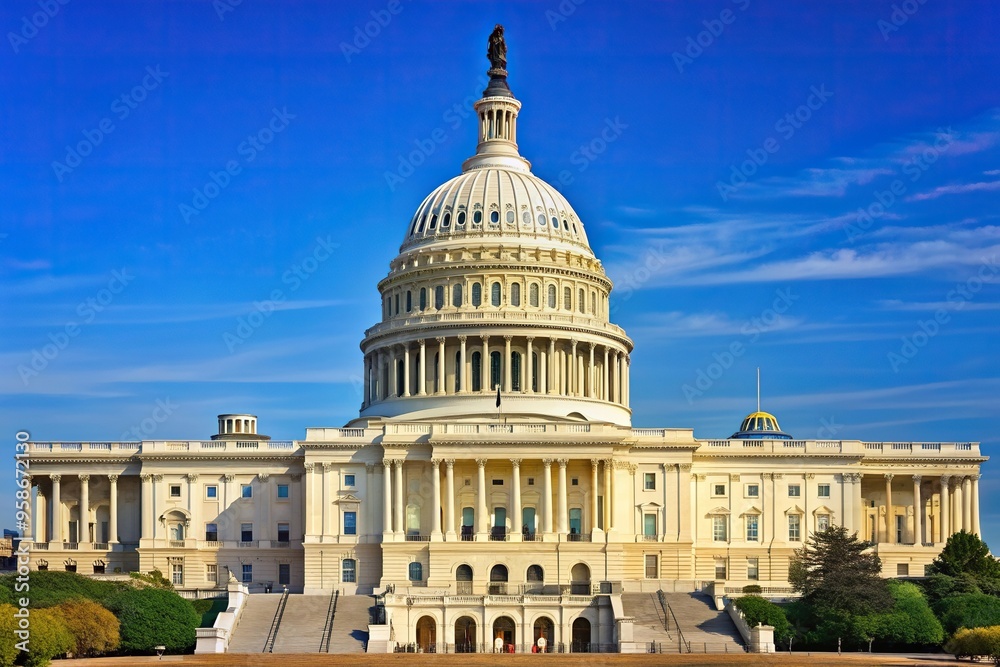 Obraz premium Capitol building exterior with its iconic dome and columns set against a clear blue sky in Washington DC USA, tourism, legislative, clear blue sky, classical, USA, power