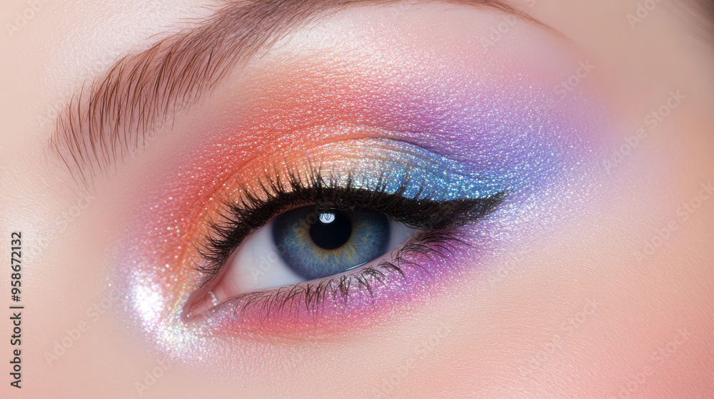 Obraz premium Close-up of a beautifully adorned eye with vibrant rainbow eyeshadow, perfect for makeup and beauty themes.