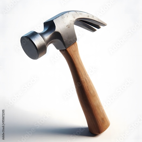 A hammer with a wooden handle is displayed against a pristine white background. Tool concept photo