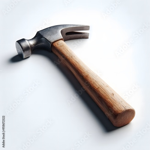 Single hammer with a wooden handle isolated on a bright white background for clarity. Tool concept