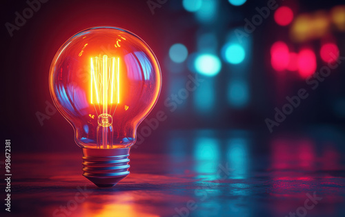 Illuminated vintage light bulb glowing against a blurred colorful background, representing innovation, creativity, and ideas.