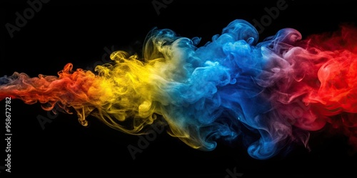 Abstract image of red blue and yellow smoke billowing upwards isolated on a black background, creative, effect, blue, yellow, haze, swirling, isolated, explosive, billow, vibrant, red