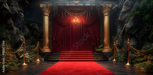 “A Red Carpet Leading to an Opulent Entrance with Gold Accents, Symbolizing Luxury, Elegance, and High-Profile Events, Perfect for Representing Prestigious Occasions, VIP Access, and Glamorous Ceremon photo