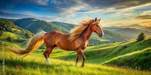 Majestic chestnut mare with flowing mane and tail grazes peacefully in a sun-kissed meadow surrounded by verdant hills photo